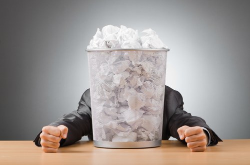 A person dressed in a dark suit with only their arms visible, sitting at a wooden table with their hands resting on either side of a large, silver metal waste bin filled to overflowing with crumpled white paper. The paper is loosely piled and spilling slightly over the top edge of the bin. The background is a plain, neutral gray, providing a professional and straightforward setting that emphasizes the image's focus on waste or rubbish disposal. The scene visually suggests the theme of rubbish collection or decluttering, relevant to garden clearance and general rubbish removal services offered by Garden Clearance Sydenham, situated in the Lewisham area. The lighting is diffuse, with no strong shadows, ensuring all elements in the image are clearly visible and detailed, highlighting textures such as the crumpled paper, the metallic finish of the bin, and the fabric of the suit's sleeve. The overall composition captures a neutral moment emphasizing rubbish containment, fitting for a professional waste management context within London.